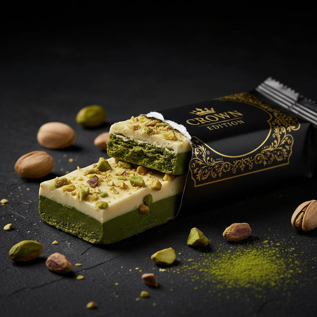 TITAN Matcha Pistachio White Chocolate Protein Bar — Crown Edition matte black packaging