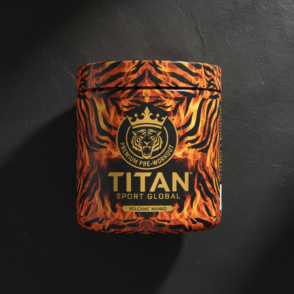 TITAN Pre-Workout Energy Formula Tiger Flame Crown Edition tub flat lay