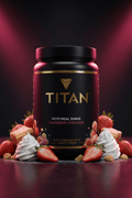 TITAN Keto Meal Shake Strawberry Cheesecake — glamorous upright canister with fresh strawberries, cheesecake crumble and cream, vibrant pink atmosphere
