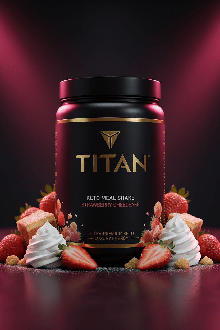 TITAN Keto Meal Shake Strawberry Cheesecake — glamorous upright canister with fresh strawberries, cheesecake crumble and cream, vibrant pink atmosphere