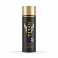 Black and gold TITAN SPF 50 sport sunscreen spray can featuring a winged figure logo and water droplets.