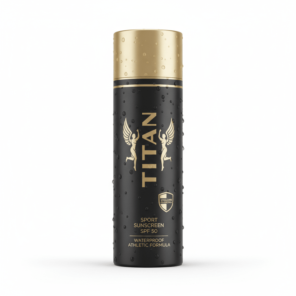 Black and gold TITAN SPF 50 sport sunscreen spray can featuring a winged figure logo and water droplets.
