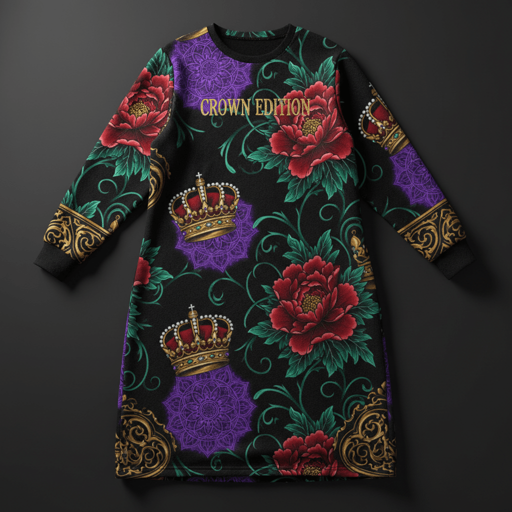 TITAN Crown Edition Tattoo Art Women's Lounge Sweatshirt Dress - bold colorful tattoo artwork on matte black fleece