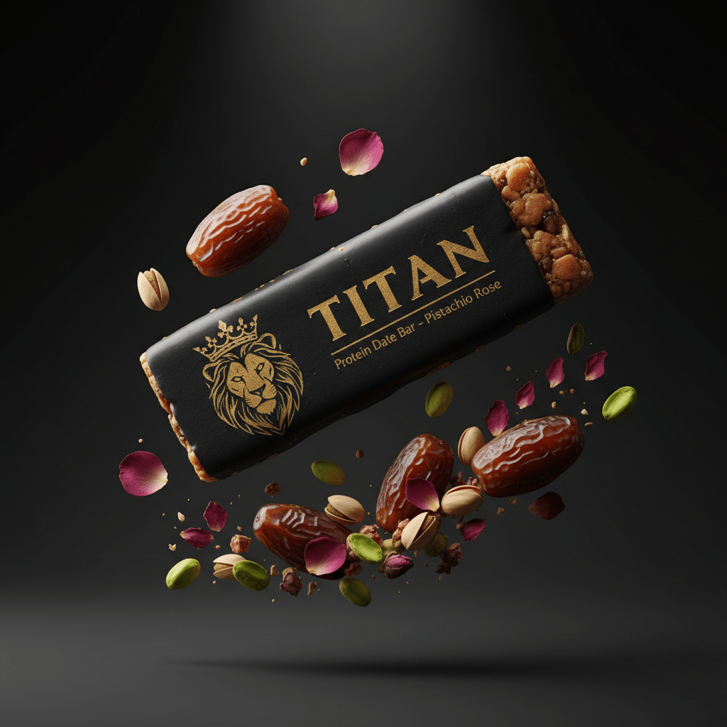 TITAN Protein Date Bar – Pistachio Rose, matte black packaging with gold crown tattoo artwork, Medjool dates, pistachios and rose petals