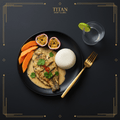 TITAN Tanzanian Coconut Tilapia Breakfast flat lay dark luxury