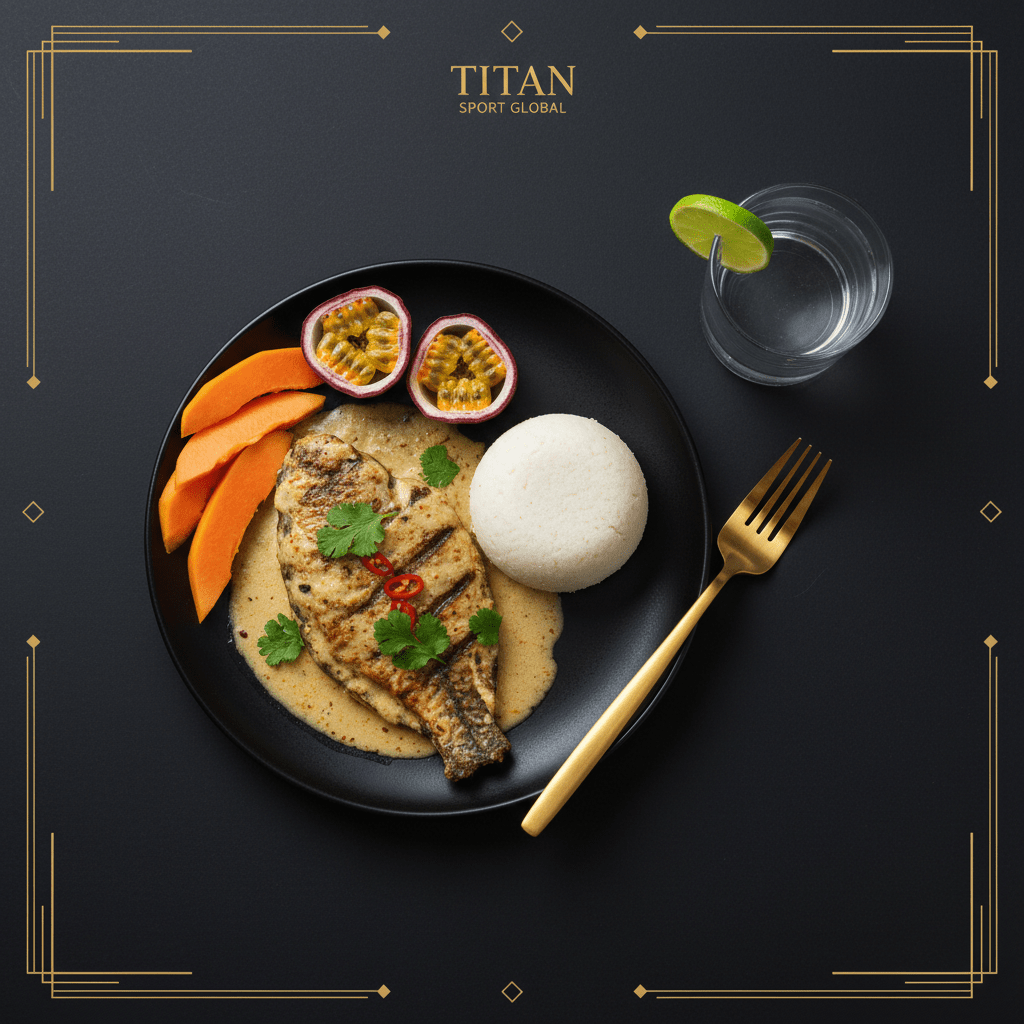 TITAN Tanzanian Coconut Tilapia Breakfast flat lay dark luxury