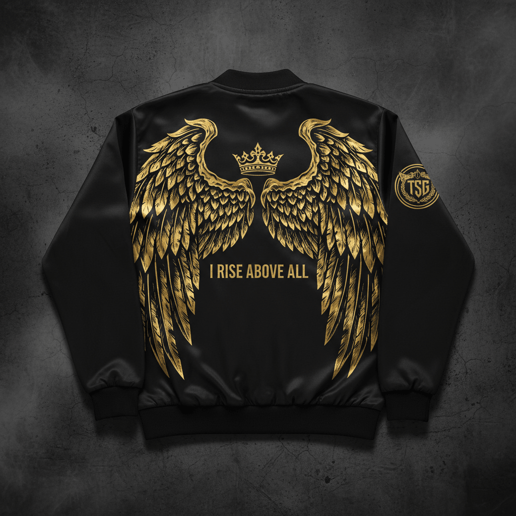 TITAN Elevation Bomber Jacket Ascension Crown obsidian black molten gold angel wings warrior streetwear