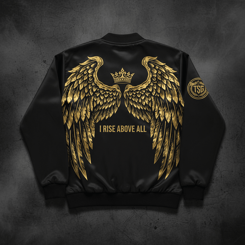 TITAN Elevation Bomber Jacket Ascension Crown obsidian black molten gold angel wings warrior streetwear
