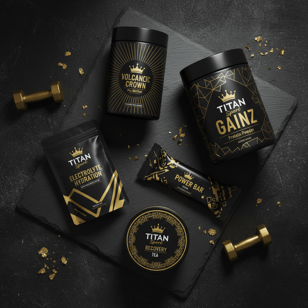 TITAN Full Day Fuel Stack — Pre-Workout, Protein, Electrolytes, Protein Bar & Recovery Tea flat lay