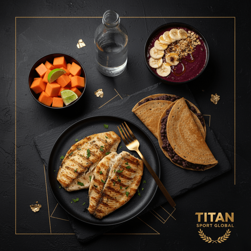 TITAN Brazilian Tilapia Tapioca Power Breakfast meal kit flat lay dark luxury