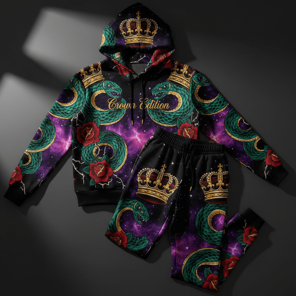 TITAN Crown Edition Tattoo Art Women's Lounge Hoodie and Jogger Set - bold colorful tattoo artwork on matte black fleece