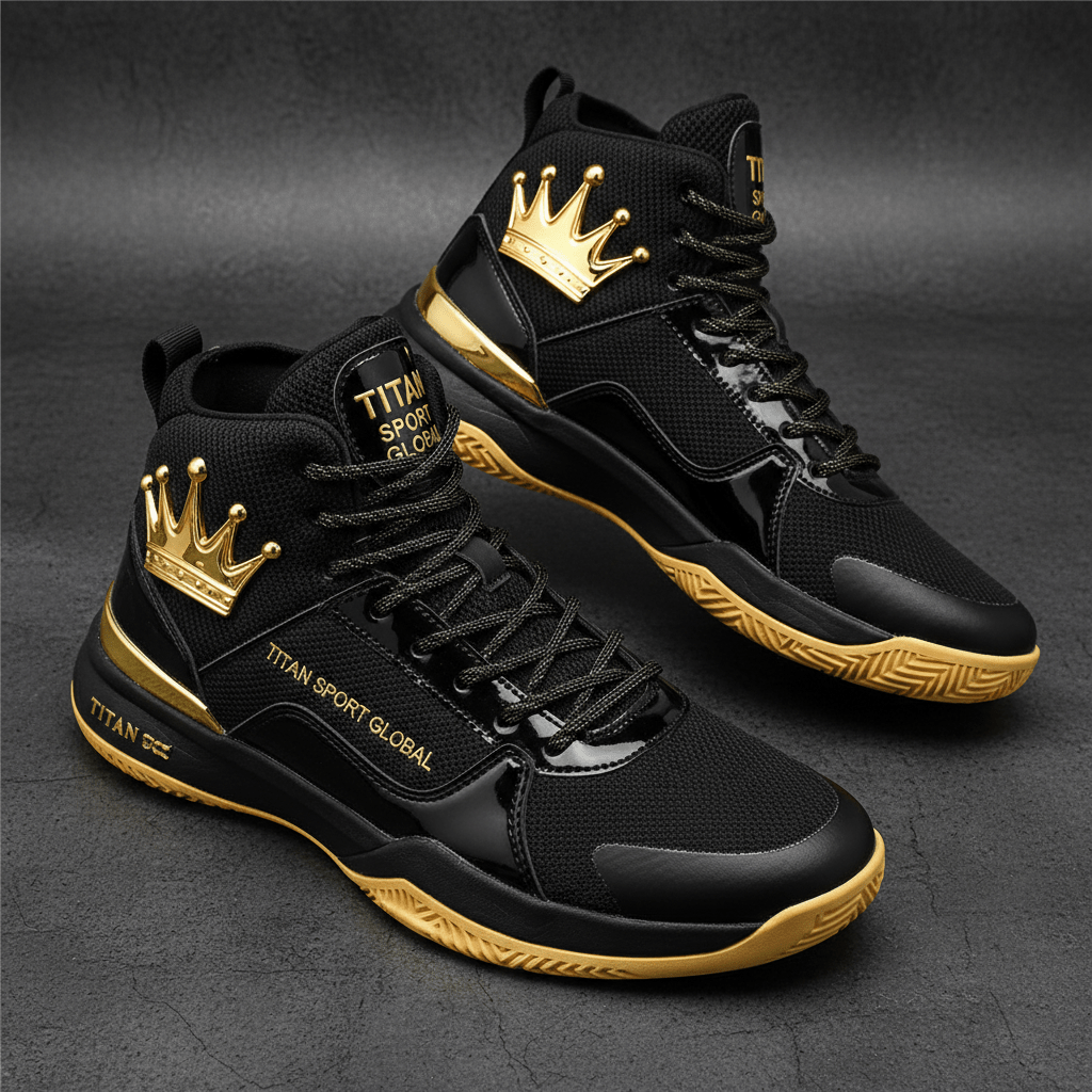 TITAN Men's Midnight Black Crown Basketball Shoes pitch black and gold flat lay