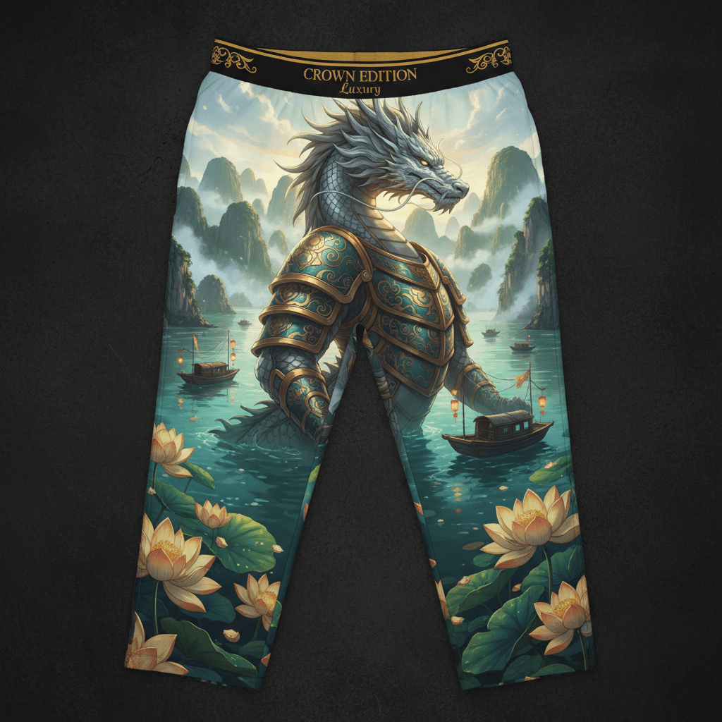 TITAN Vietnamese Dragon Ha Long Men's Lounge Pants Crown Edition — dragon in Ly Dynasty armor at Ha Long Bay anime art on matte black