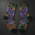 TITAN Crown Edition Tattoo Art Athletic Ankle Socks — bold colorful tattoo artwork on matte black fabric