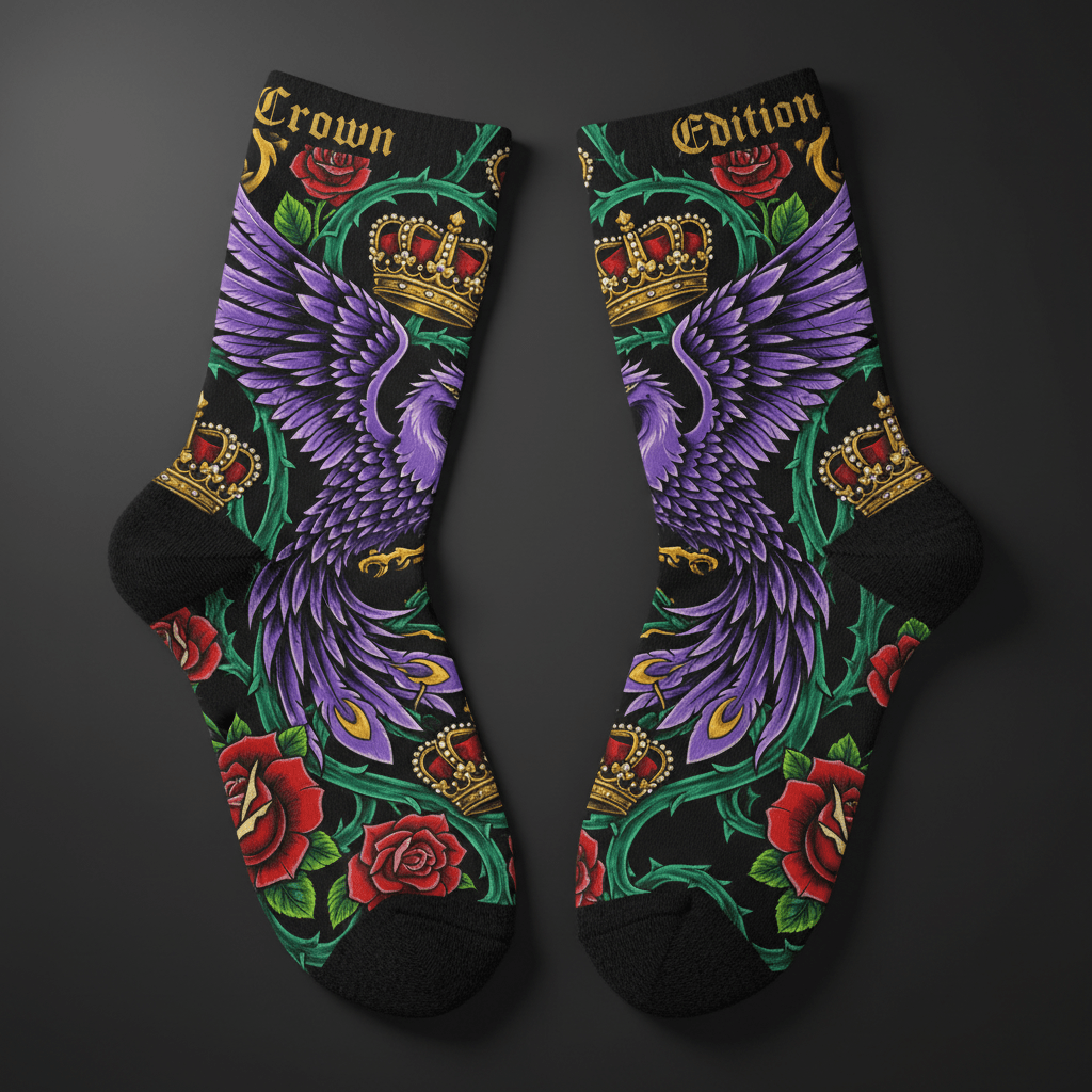 TITAN Crown Edition Tattoo Art Athletic Ankle Socks — bold colorful tattoo artwork on matte black fabric