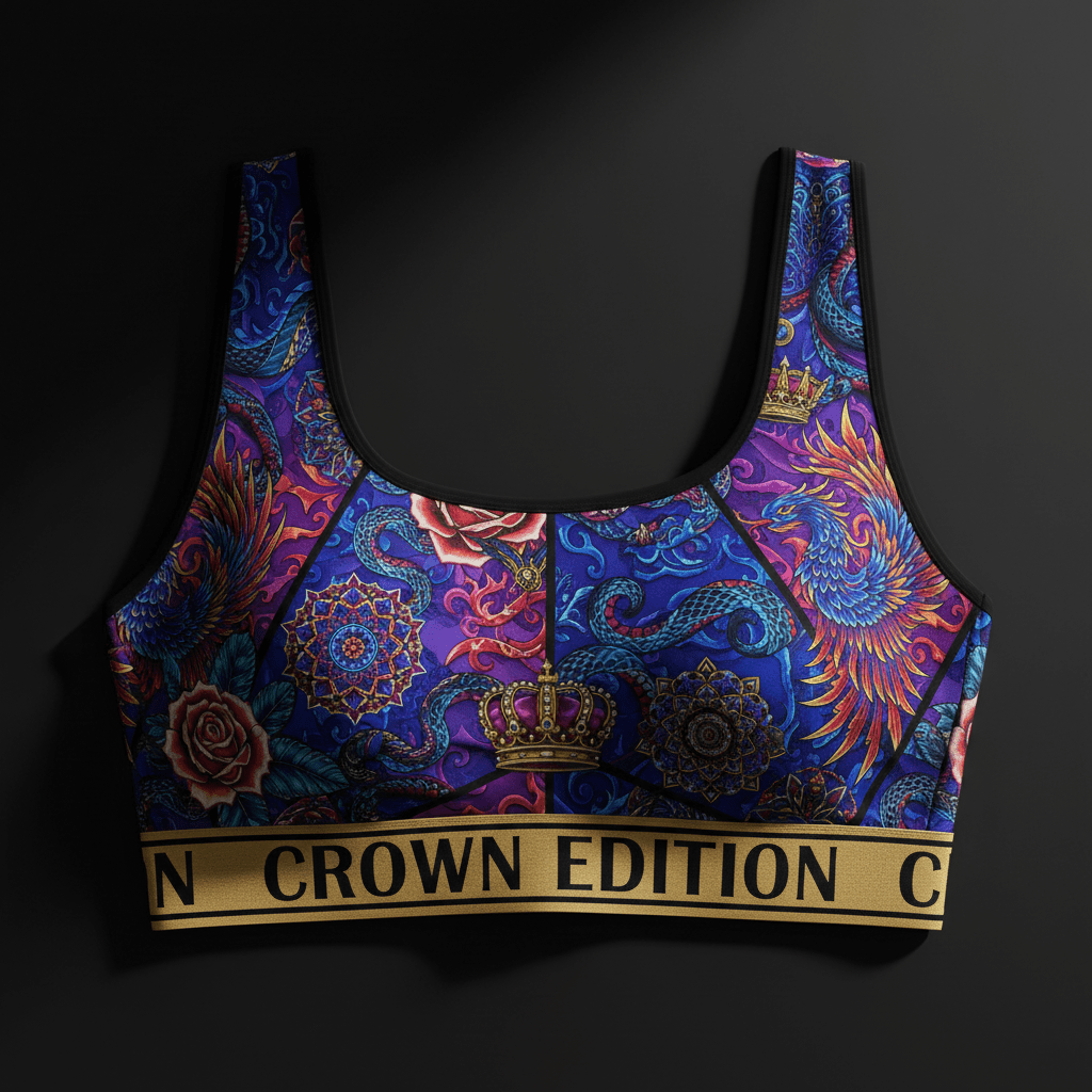 TITAN Crown Edition Phoenix Sports Bra — Royal Blue & Purple tattoo artwork