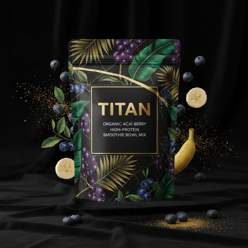 TITAN Organic High-Protein Smoothie Bowl Mix Acai Berry — ultra-premium luxury editorial product shot