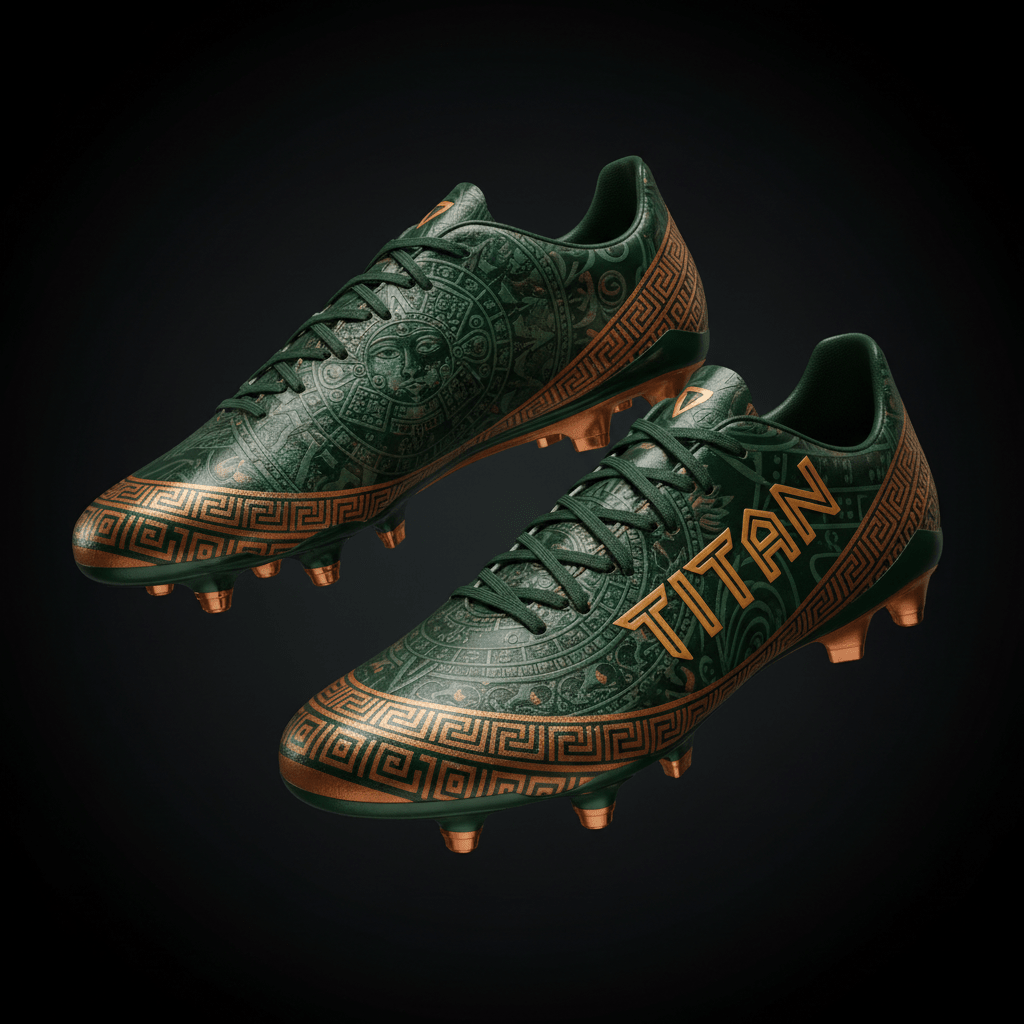 TITAN Crown Edition Aztec Sun Goddess Women's Soccer Cleat deep green copper holographic Aztec design