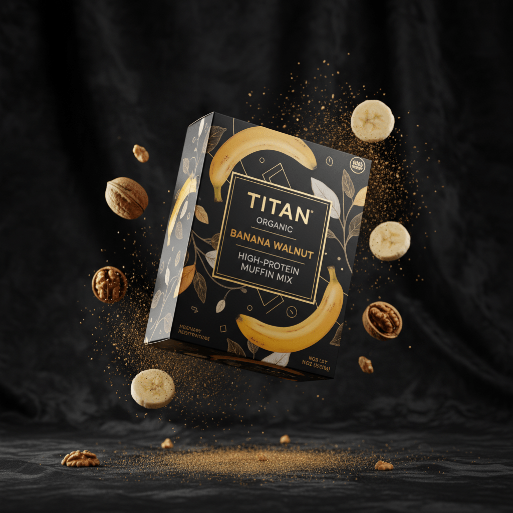 TITAN Organic High-Protein Muffin Mix Banana Walnut — ultra-premium luxury editorial product shot