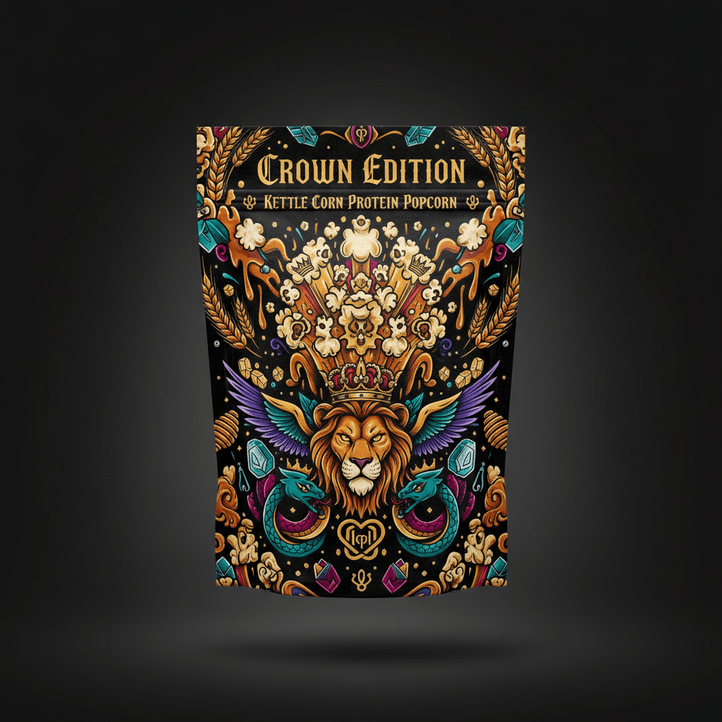 TITAN Protein Popcorn Kettle Corn — Crown Edition bold tattoo-style artwork
