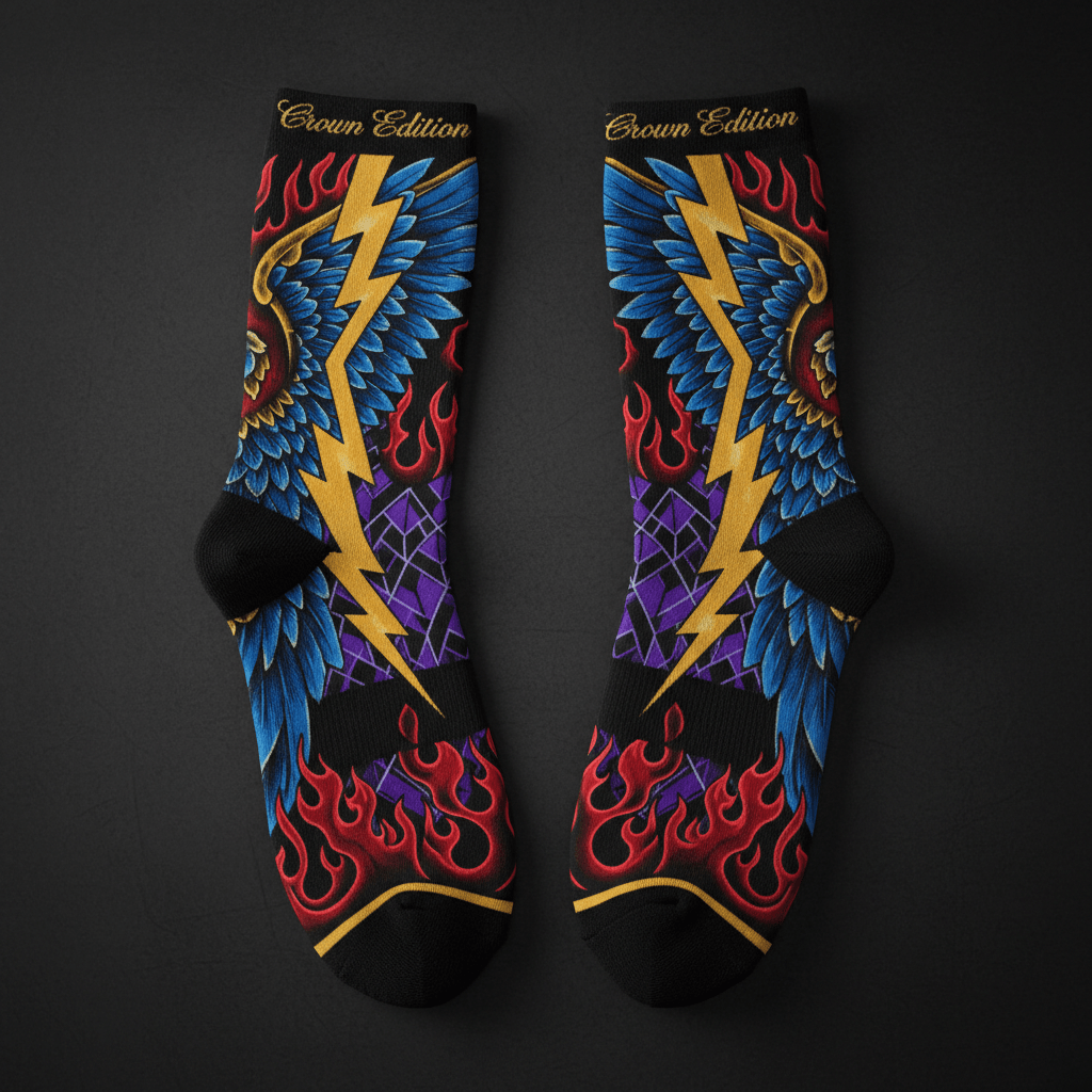 TITAN Crown Edition Tattoo Art Performance Running Socks - bold colorful tattoo artwork on matte black fabric