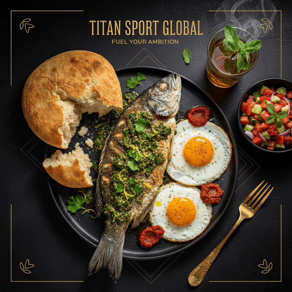 TITAN Algerian Chermoula Sea Bass Breakfast flat lay dark luxury