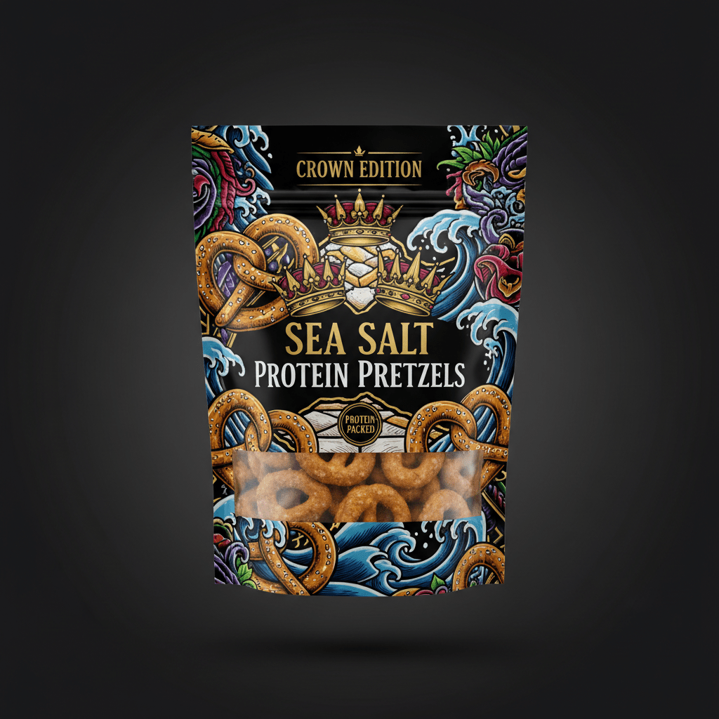 TITAN Protein Pretzel Sea Salt — Crown Edition bold tattoo-style artwork