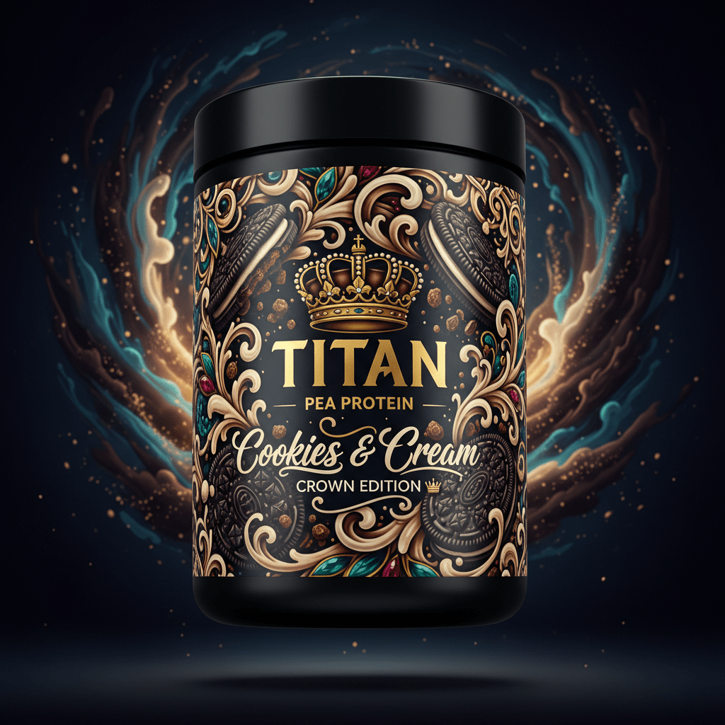 TITAN Pea Protein Powder — Cookies & Cream, Crown Edition tattoo-style artwork