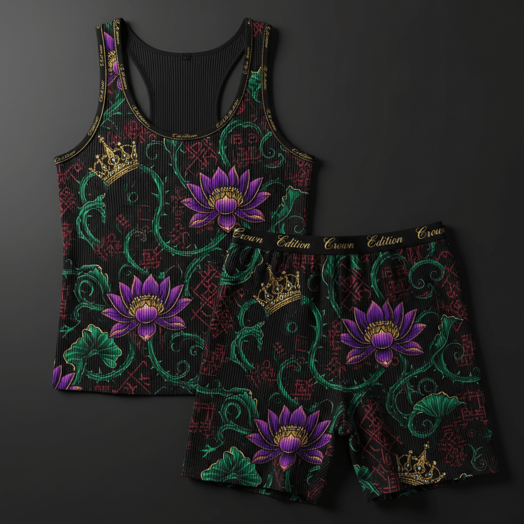TITAN Crown Edition Tattoo Art Women's Lounge Ribbed Set - bold colorful tattoo artwork on matte black ribbed fabric