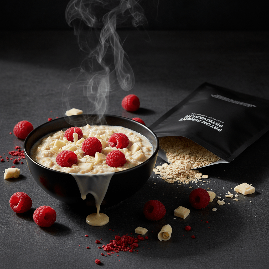 TITAN Protein Instant Oatmeal – Raspberry White Chocolate, premium product photography