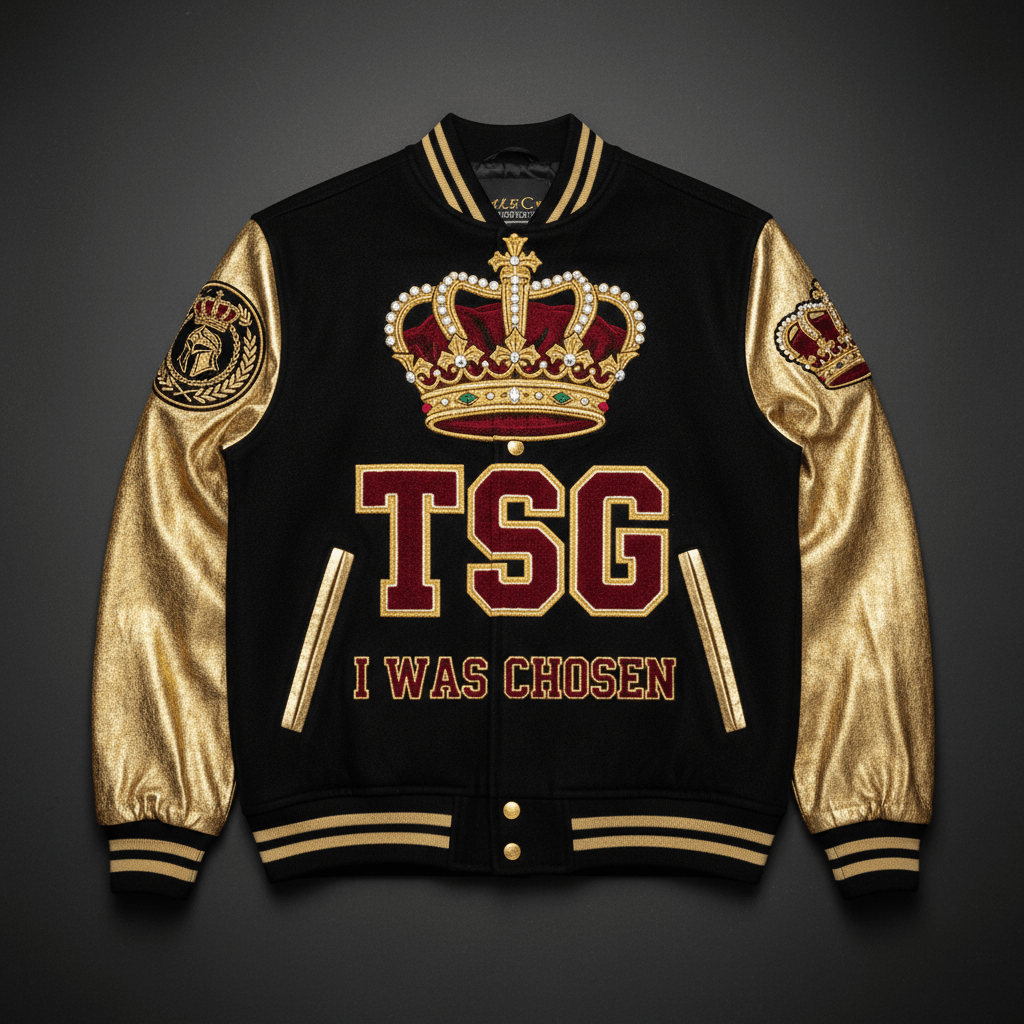 TITAN Chosen One Varsity Jacket Royal Warrior Crown black gold chenille embroidery warrior streetwear