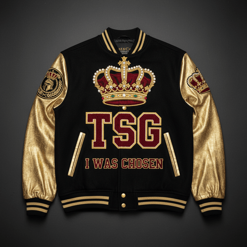 TITAN Chosen One Varsity Jacket Royal Warrior Crown black gold chenille embroidery warrior streetwear