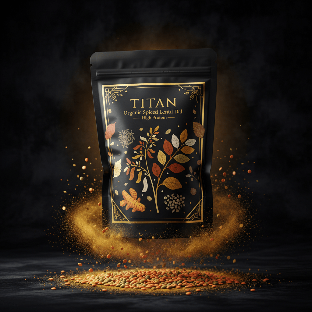 TITAN Organic High-Protein Lentil Dal Spiced — ultra-premium luxury editorial product shot