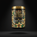 TITAN Whey Protein Vanilla Ice Cream container with vanilla bean flowers, swirling cream and crown tattoo-style Crown Edition artwork in gold, blue and crimson