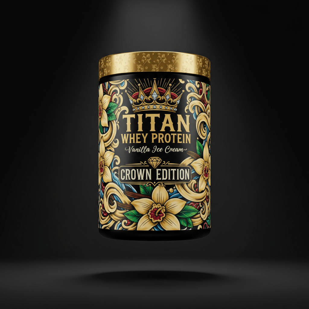 TITAN Whey Protein Vanilla Ice Cream container with vanilla bean flowers, swirling cream and crown tattoo-style Crown Edition artwork in gold, blue and crimson