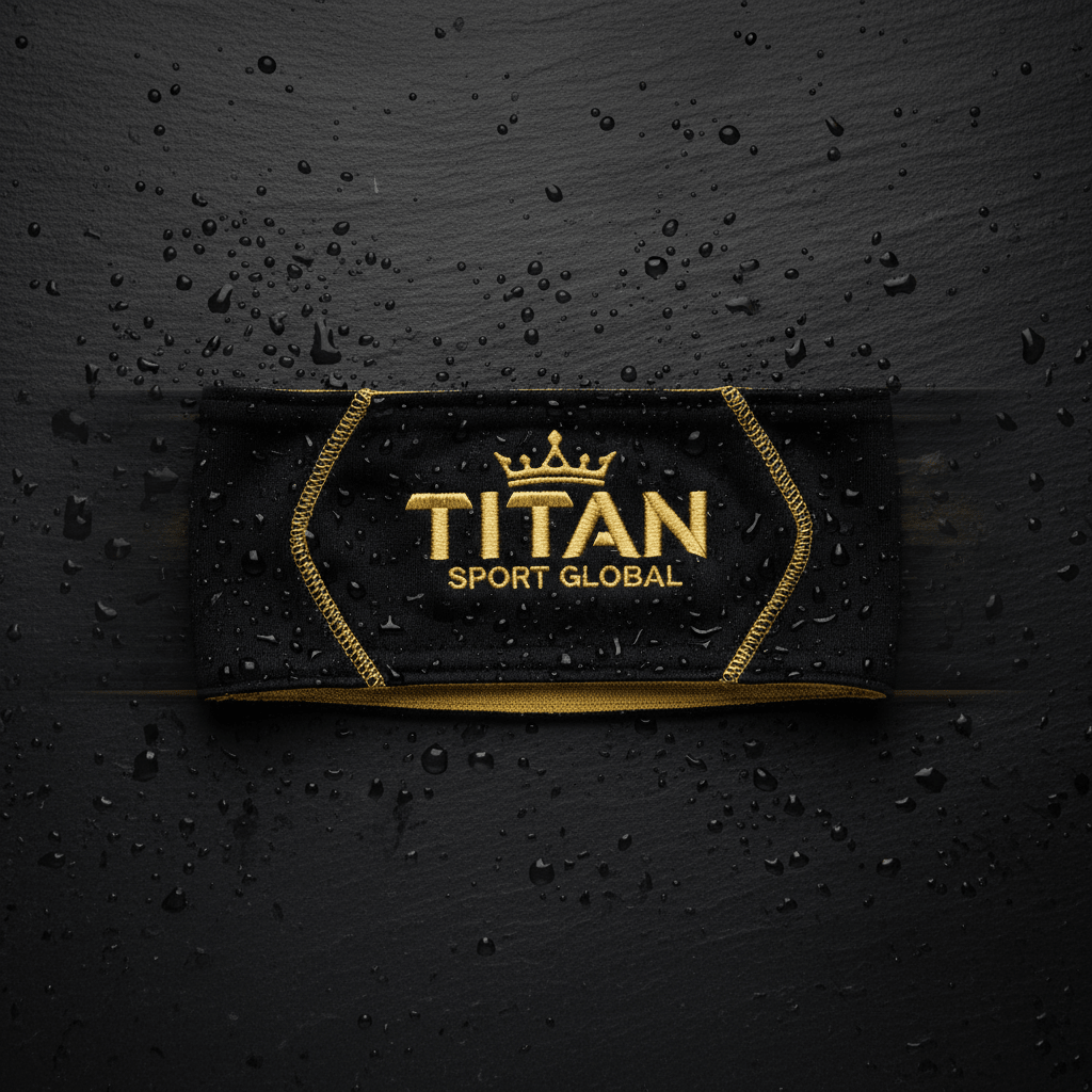 TITAN Crown Edition Performance Headband in matte black with gold TITAN logo, flat lay on dark studio background