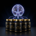 TITAN Brain Performance Bundle — 6 Crown Edition nootropic bottles in triangular formation with glowing geometric wireframe brain and neural synapse artwork in electric blue, violet and gold