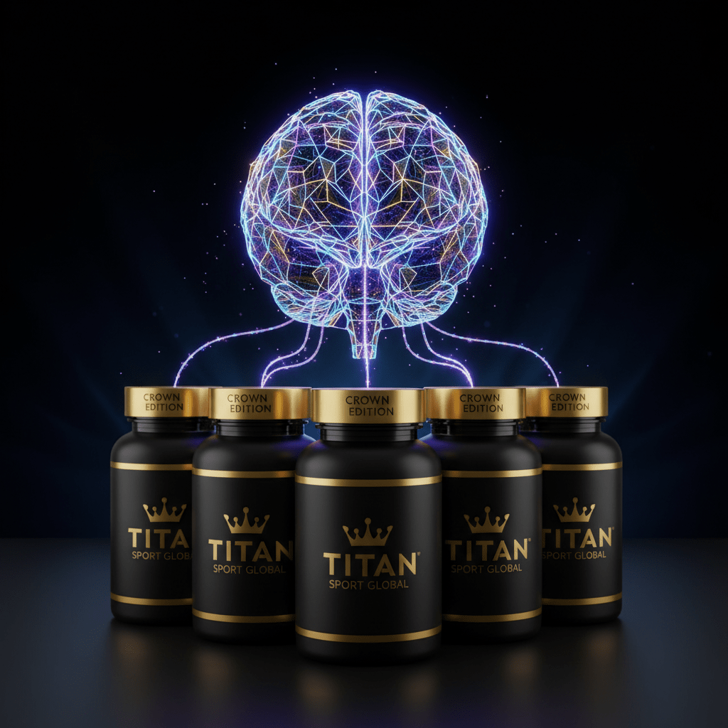 TITAN Brain Performance Bundle — 6 Crown Edition nootropic bottles in triangular formation with glowing geometric wireframe brain and neural synapse artwork in electric blue, violet and gold