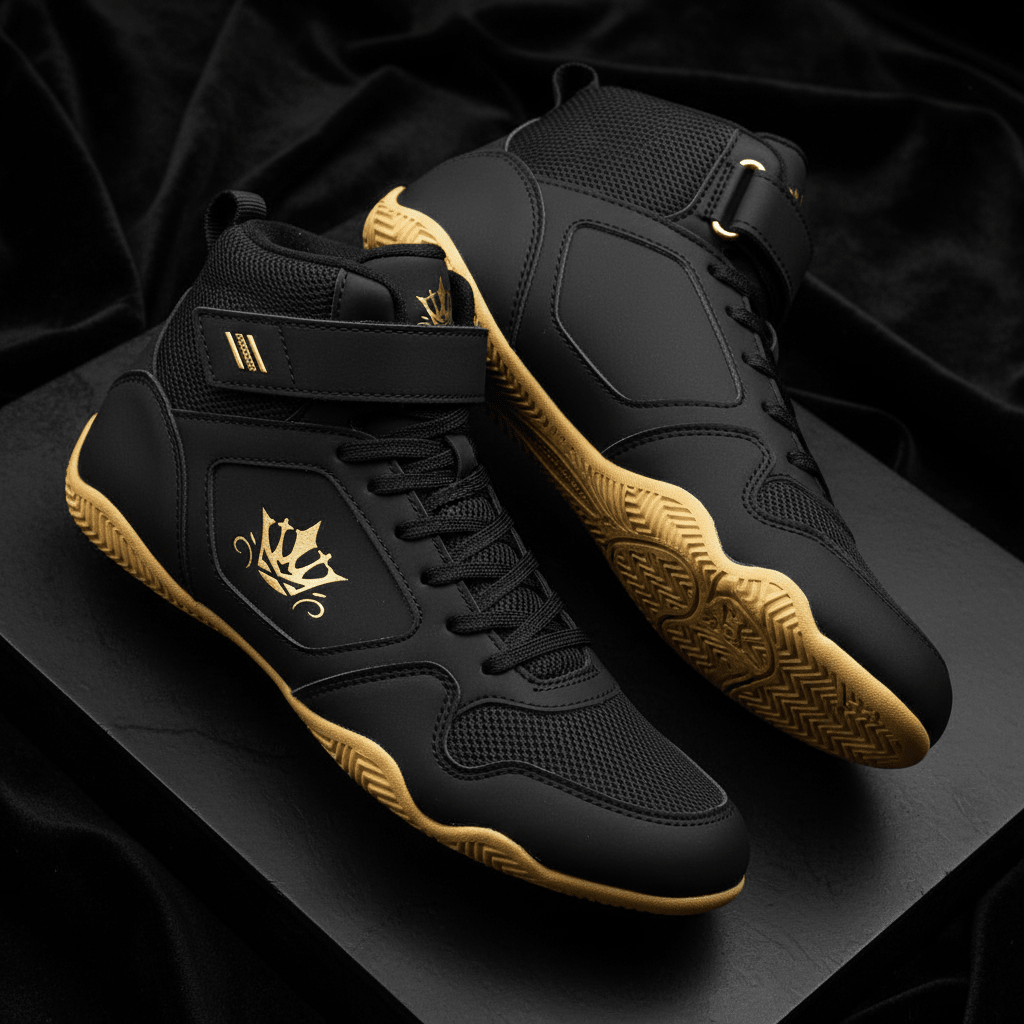 TITAN Wrestling Shoes Crown Edition matte black split-sole gold crown logo high-cut ankle support mat grip pair flat lay