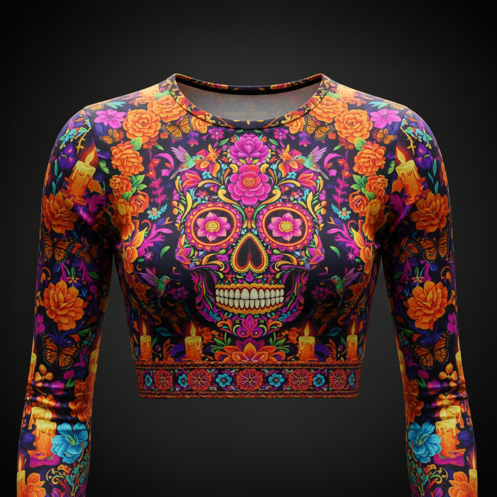 TITAN Women’s Neon Hummingbird Skull Garden Long Sleeve Crop — Día de los Muertos Edition