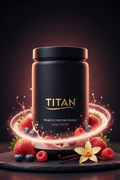 TITAN Probiotic Protein Powder Vanilla Berry — vibrant wellness canister with mixed berry swirl, vanilla bean and soft gut-health glow