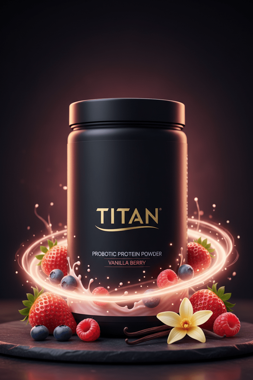 TITAN Probiotic Protein Powder Vanilla Berry — vibrant wellness canister with mixed berry swirl, vanilla bean and soft gut-health glow