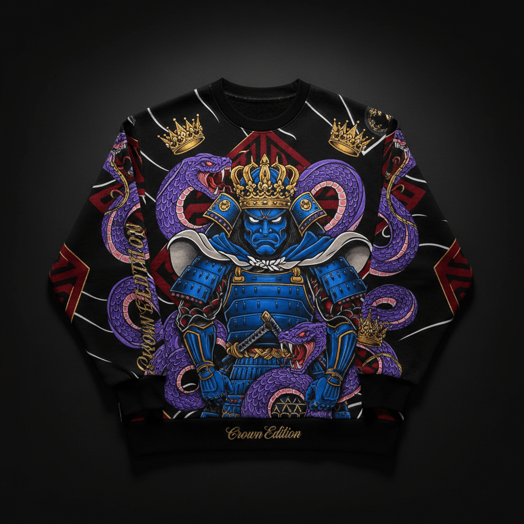 TITAN Crown Edition Tattoo Art Men's Lounge Crewneck - bold samurai serpent tattoo artwork on matte black heavyweight fleece