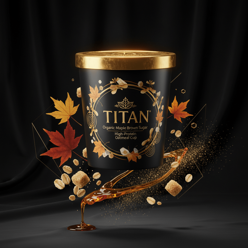 TITAN Organic High-Protein Oatmeal Cup Maple Brown Sugar — ultra-premium luxury editorial product shot