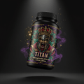 TITAN Ashwagandha KSM-66 supplement bottle with warrior and botanical tattoo-style Crown Edition artwork in crimson, emerald and gold