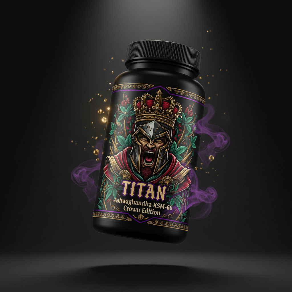 TITAN Ashwagandha KSM-66 supplement bottle with warrior and botanical tattoo-style Crown Edition artwork in crimson, emerald and gold