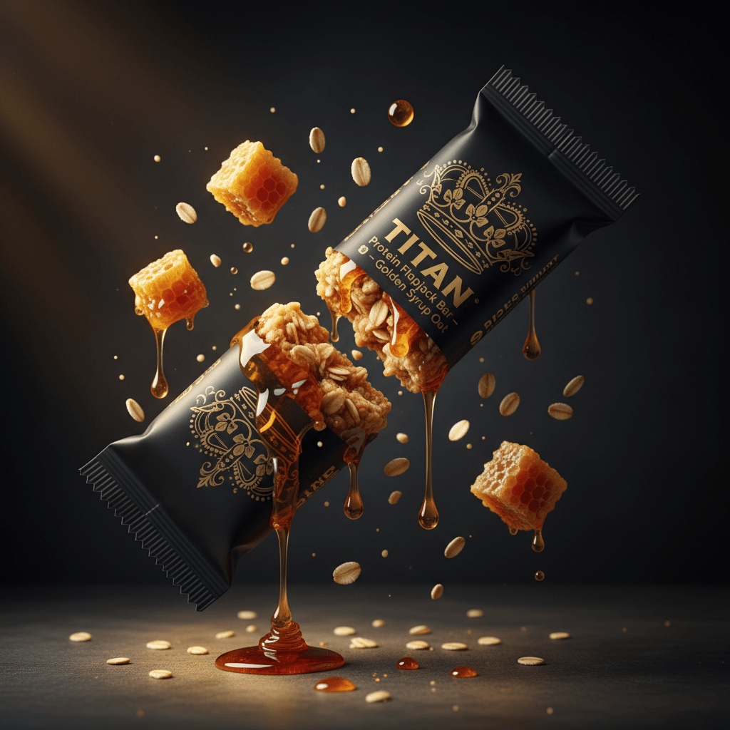 TITAN Protein Flapjack Bar – Golden Syrup Oat, matte black packaging with gold crown tattoo artwork, chewy oat bar with golden syrup drizzle and rolled oats