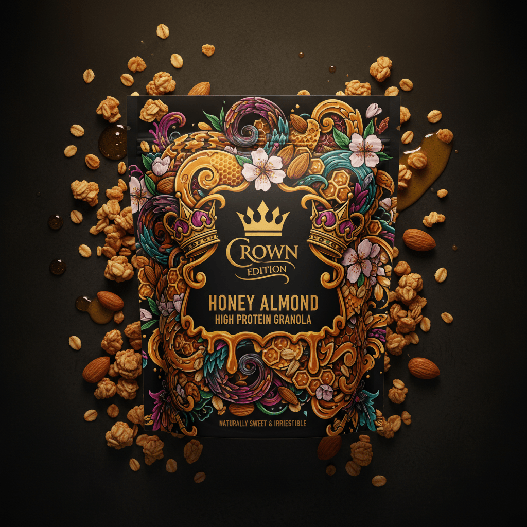 TITAN High Protein Granola Honey Almond — Crown Edition bold tattoo-style artwork