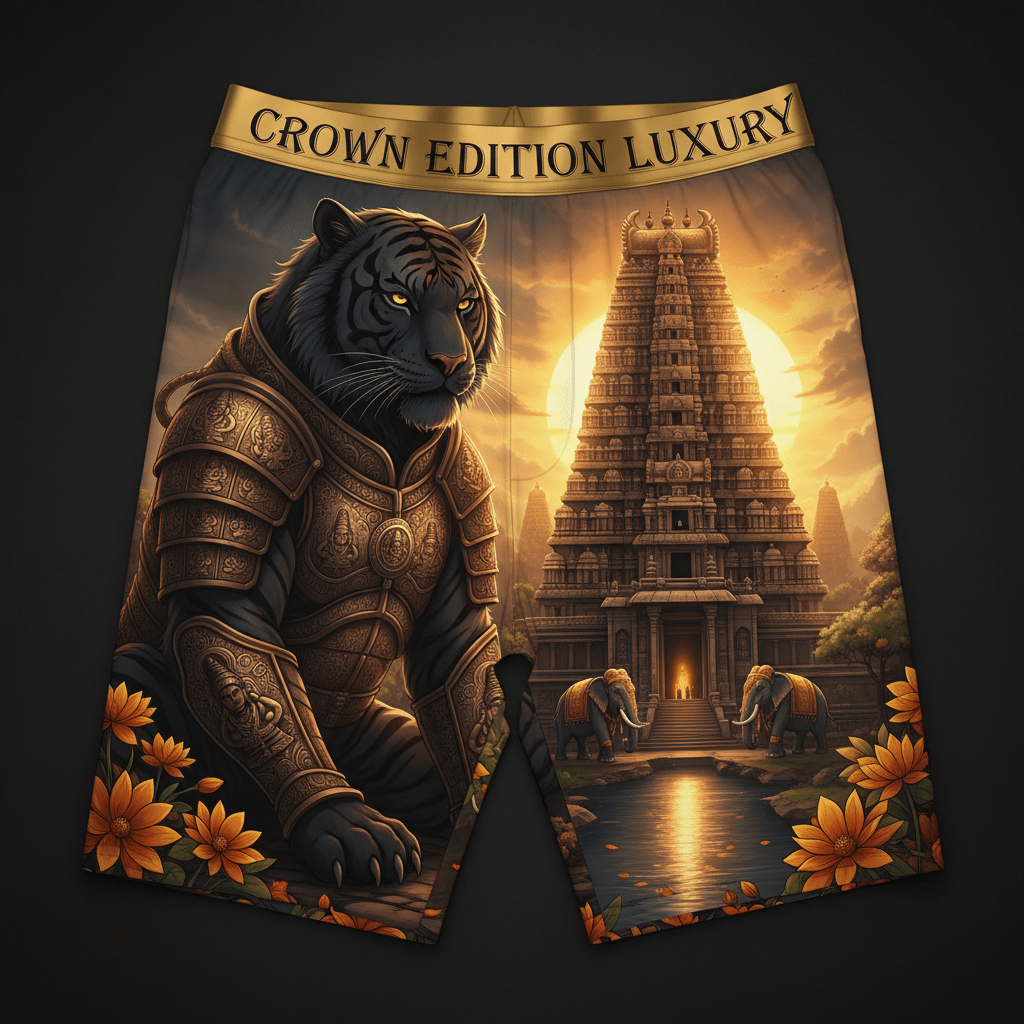 TITAN Chola Tiger Warrior Men's Lounge Pants Crown Edition — tiger in Chola armor anime art on matte black