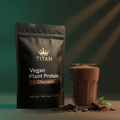 TITAN Vegan Plant Protein Chocolate — Matte black bag with gold crown, dark chocolate shake with cacao nibs and plant leaves